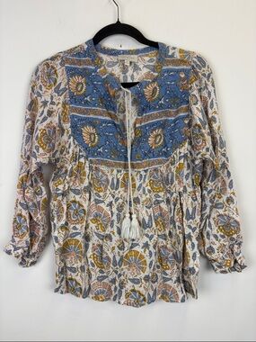 Lucky Brand Boho Peasant Top Blue Floral Tassel Tie Blouse Size Small